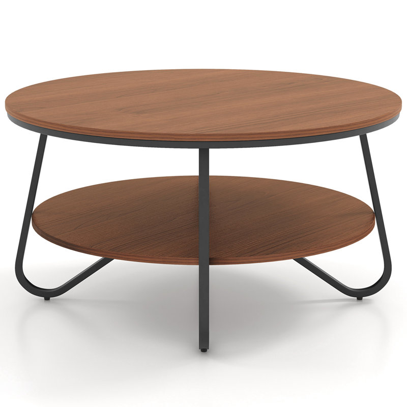 Table basse ronde à 2 niveaux Ebern Designs avec finition grain de bois et structure en métal robuste