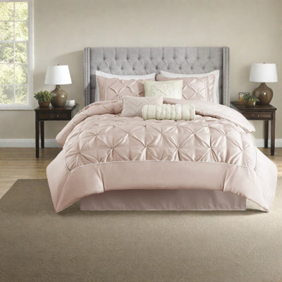 Ensemble de literie élégant 7 pièces, polyester, rosé classique pour la maison