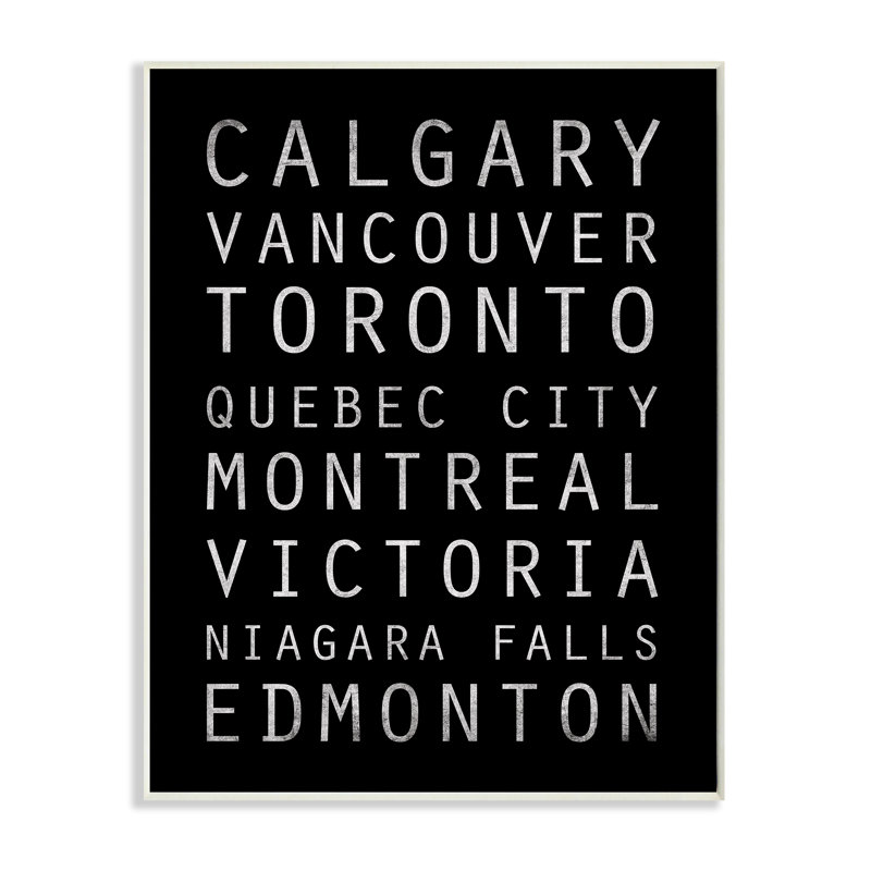 Impression sur art textuel sur toile tendue «Canadian City» en noir et blanc, H 15 po x l 10 po, Plaque murale