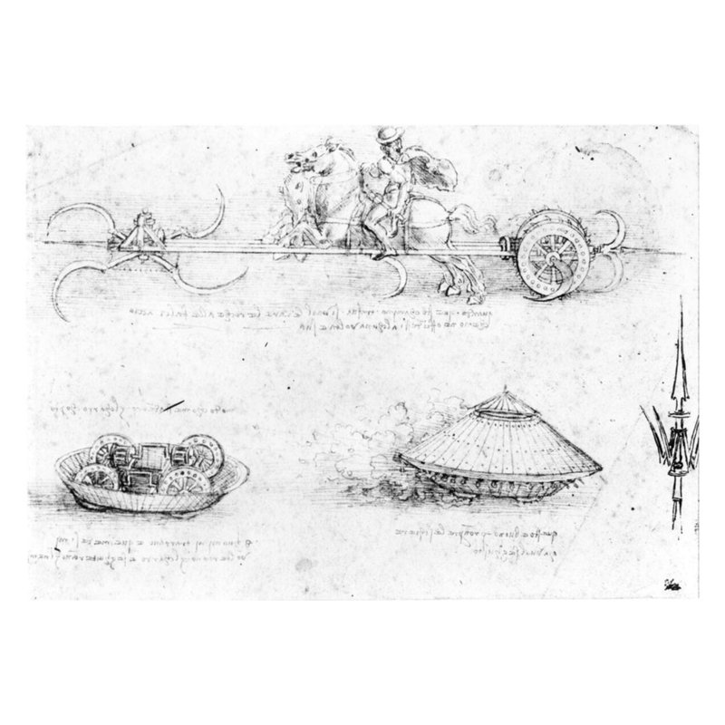 Conception pour char et voiture blindée par Leonardo Da Vinci - estampe numérique, H 22 po x l 28 po
