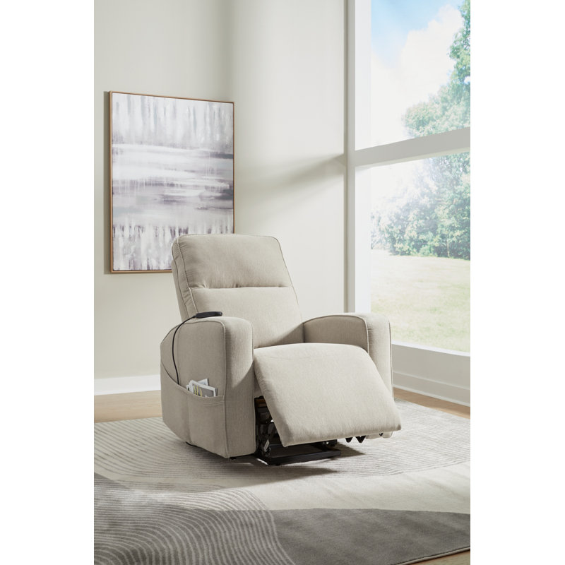 Loes Upholstered Lift Assist Power Recliner, Beige Polyester