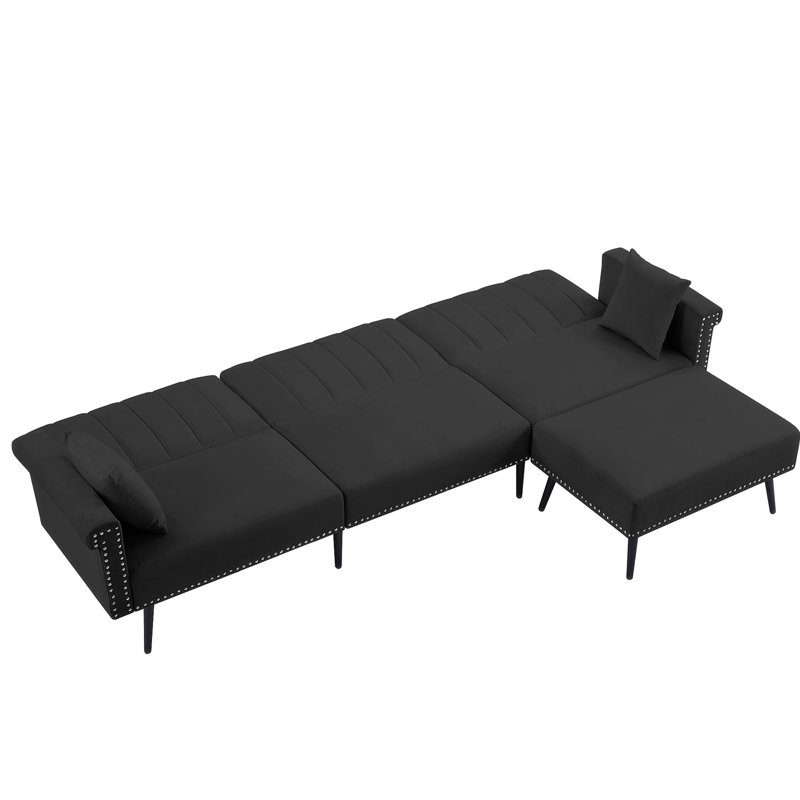Sectional Sofa Bed, Living Room Couch, Velours noir