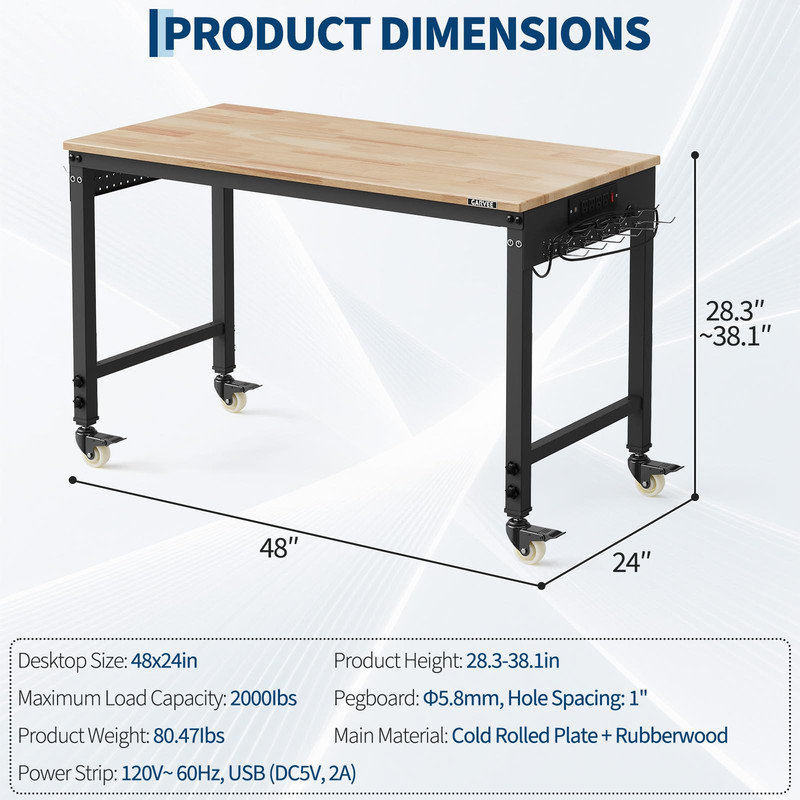 48" x 24" Heavy-Duty Workbench, 2000 lb Load – 6-Level Adjustable Height, Rubberwood Top, ETL Outlets & Pegboard