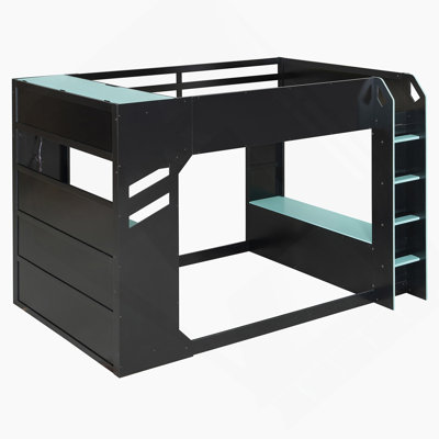 Lit mezzanine en bois avec bureau à hauteur réglable, cadre de lit avec tiroirs, compartiments de rangement et lumières RVB
