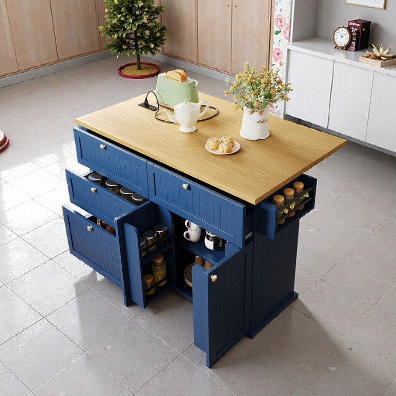 Kitchen Island With Drop Leaf, 2 Stools, Power Outlet, Storage Cabinet & Drawers, Rubber Wood Legs, Blue