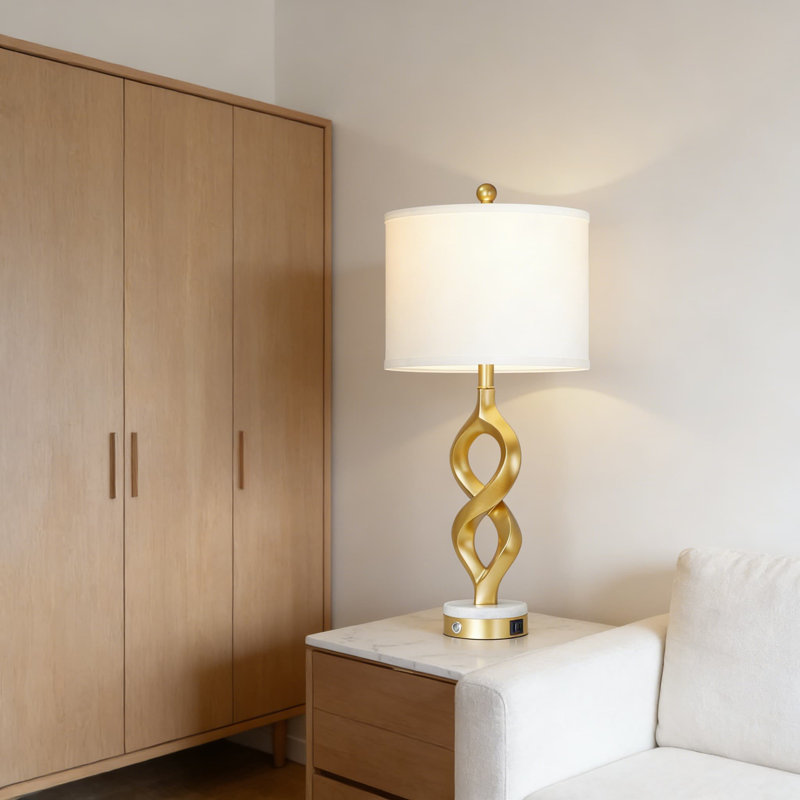 Lampe de table moderne à contrôle tactile avec ports de charge USB, lumière DEL à 3 voies à intensité variable pour la chambre à coucher ou le salon, design sculptural en résine avec accent de marbre