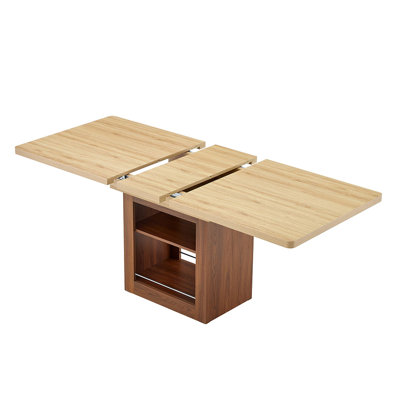 Une table de salle à manger extensible avec espace de rangement, une table de salle à manger extensible de 59 à 71 pouces. Table rectangulaire en bois avec structure en panneau de fibres à densité moyenne de couleur noyer pouvant accueillir 4 à 8 personnes.