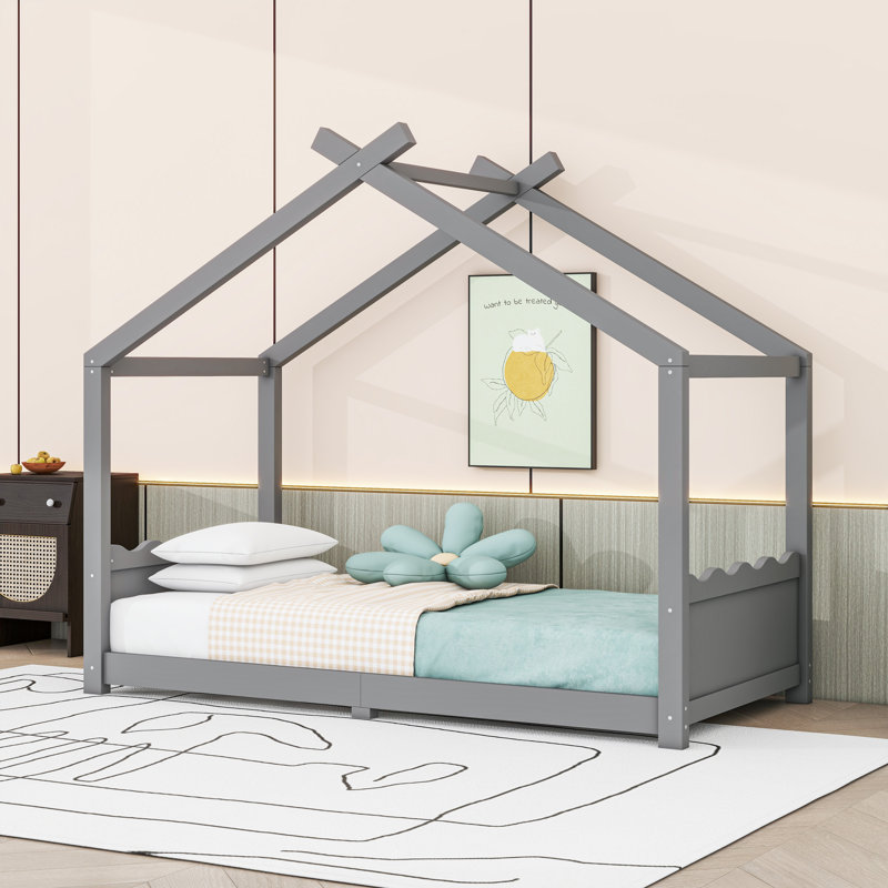 Lit House House avec lattes et toit, Simple, Gris