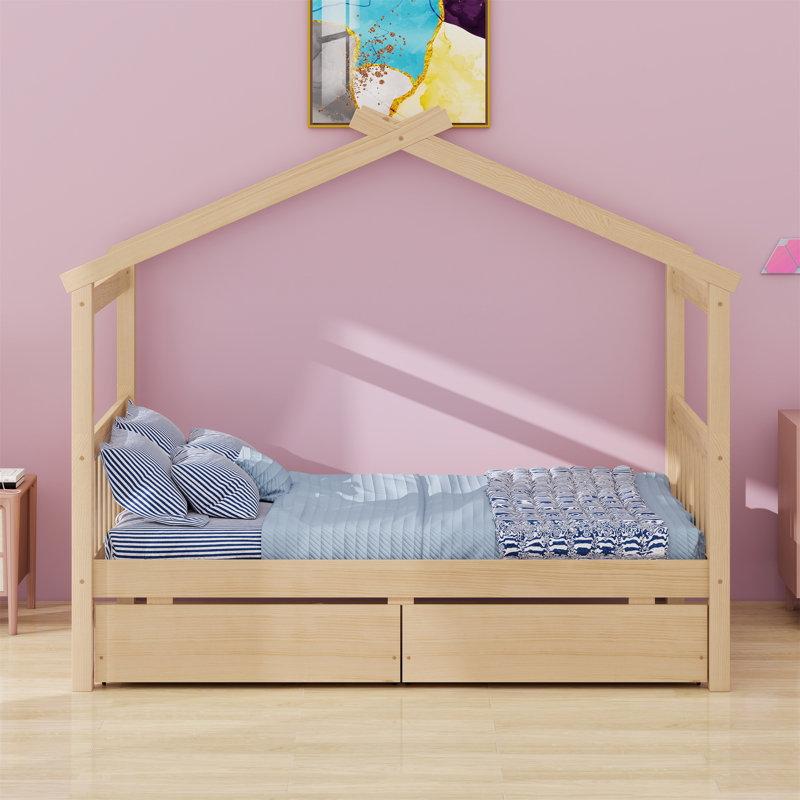Lit en bois avec tiroirs, Naturel, Lit simple