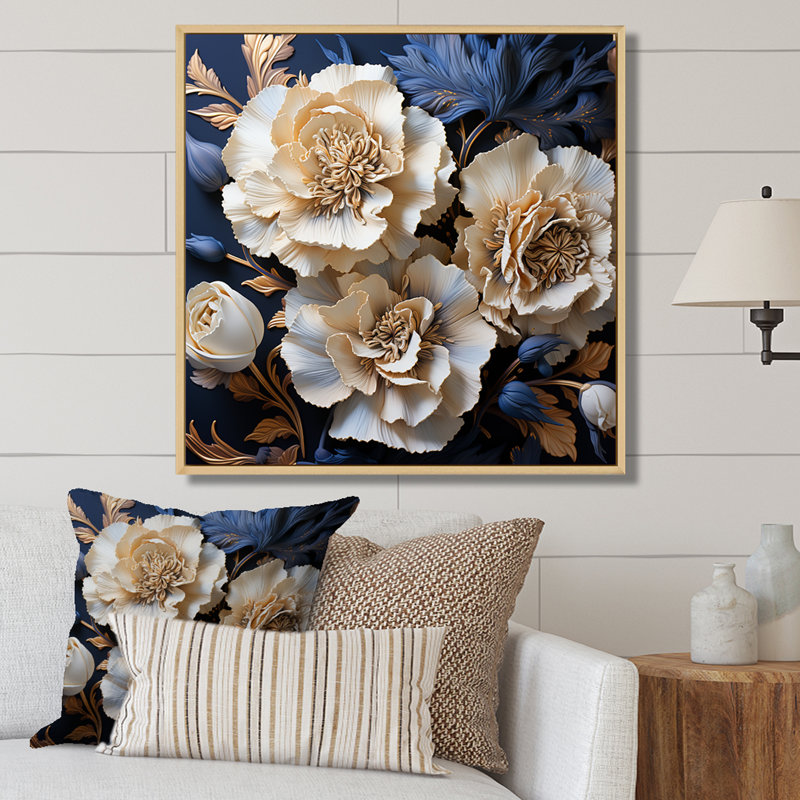 «White Blue Minimalisme Carnations I» sur toile, Cadre naturel flottant, H 24 po x l 24 po x P 1 po