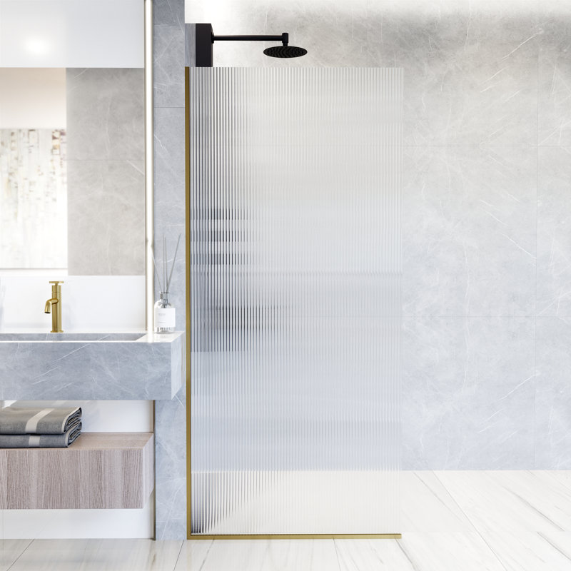 Zenith 34" W x 74" H Fixed Frameless Shower Screen with 3/8" Glass, Matte Gold Fluted
