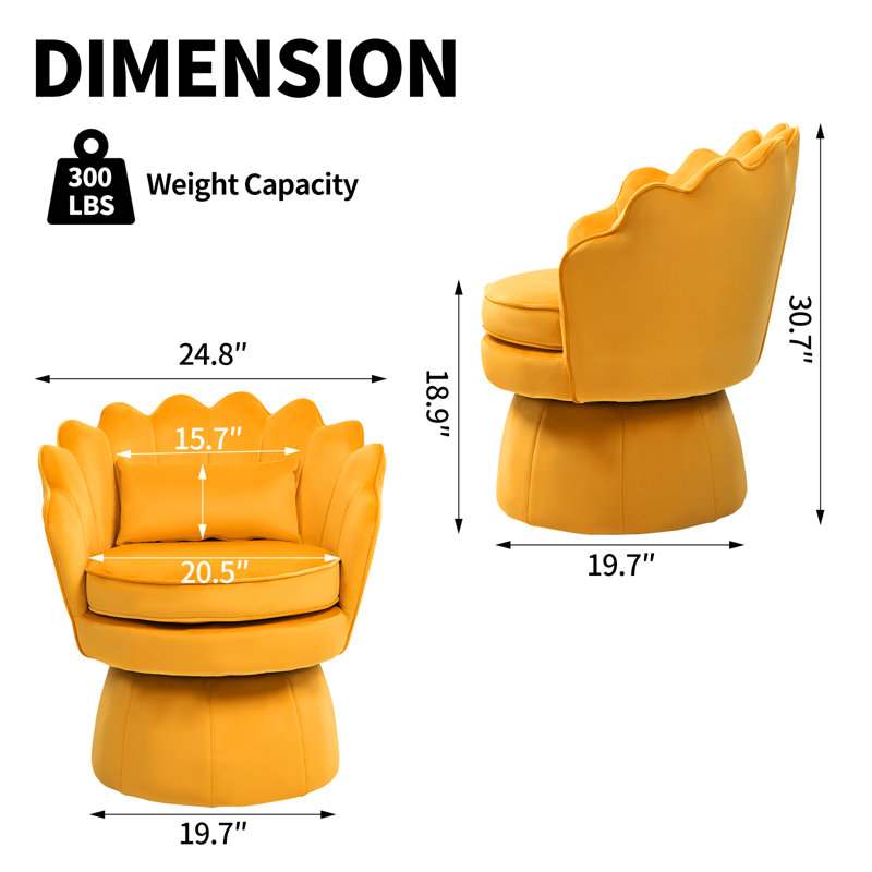 Fauteuil d'appoint rembourré et pivotant en velours, Velours jaune