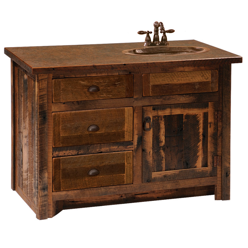 Meuble-lavabo Fireside Lodge Barnwood - 4 pieds - Plateau en stratifié à rebords en bois de grange - Évier à droite, Droite