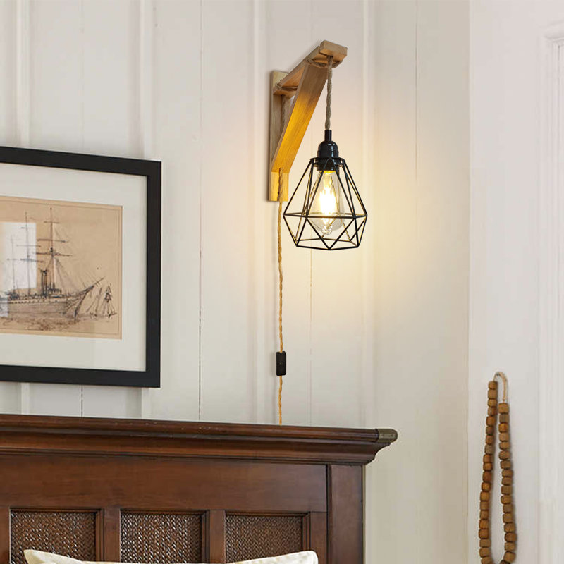 Farmhouse Plug In Wall Sconce With 1 Bulb, Wood Shelf Bracket & Switch For Hallway, Living Room