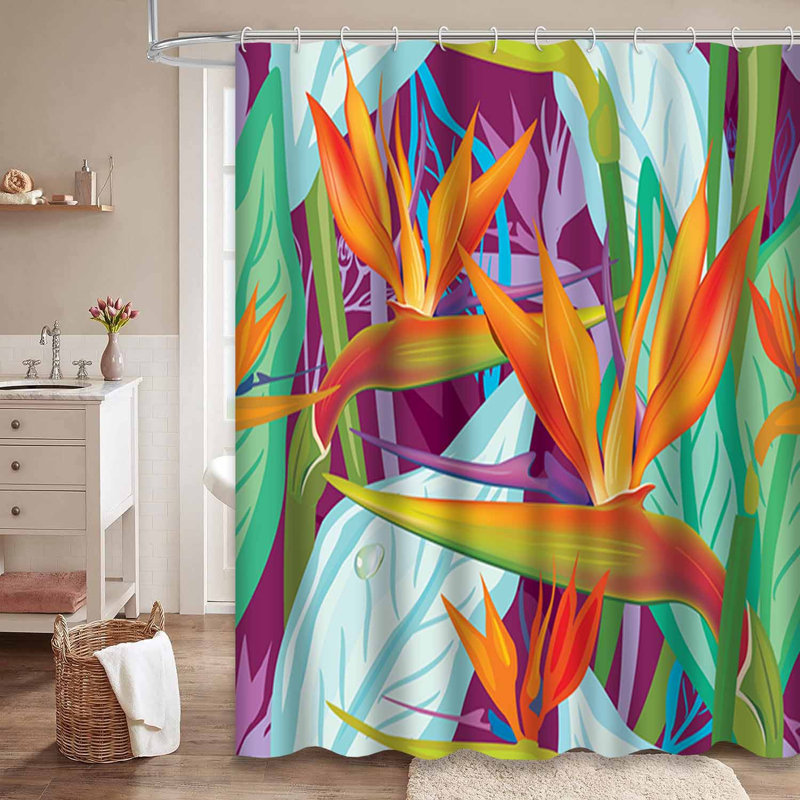 Rideau de douche imperméable à motif floral avec 12 crochets Strelitzia, L 72 po x l 84 po