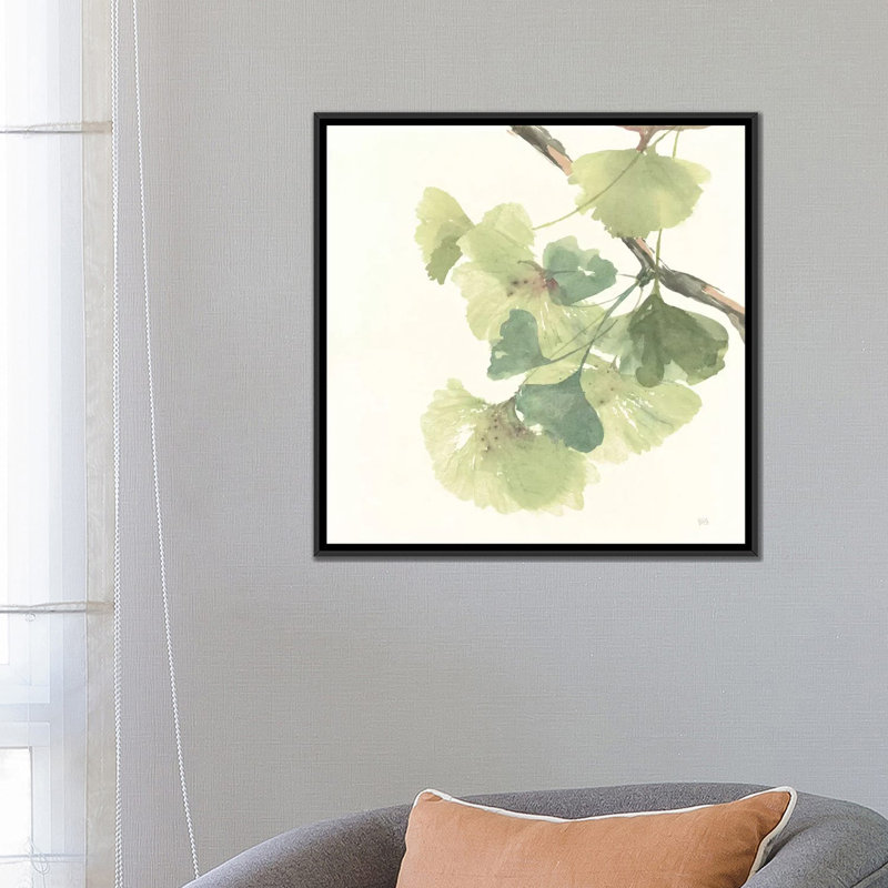«Light Gingko Leaves II», reproduction d'art sur toile, H 26 po x l 26 po x P 1,5 po, Toile avec cadre noir, Pas de tapis