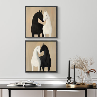 Black and White Horse Duo Canvas Print Wall Art Set of 2 - Modern Animal Silhouette Decor for Bedroom or Living Room