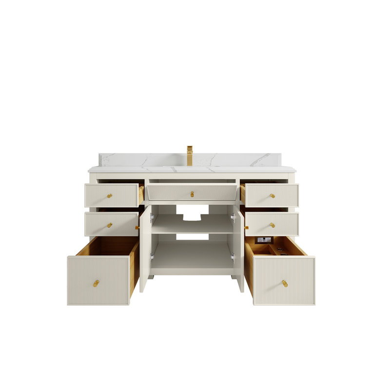 Ensemble de meuble-lavabo simple 60 po avec plateau en quartz Sonoma, Calacatta Laza, Natural