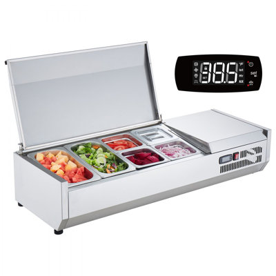 Station de préparation de condiments réfrigérés, station de condiments réfrigérés de comptoir de 135 W, avec 2 1/3 casseroles et 4 1/6 casseroles, corps en acier inoxydable 304 et couvercle pour PC, table de préparation pour sandwich avec garde en