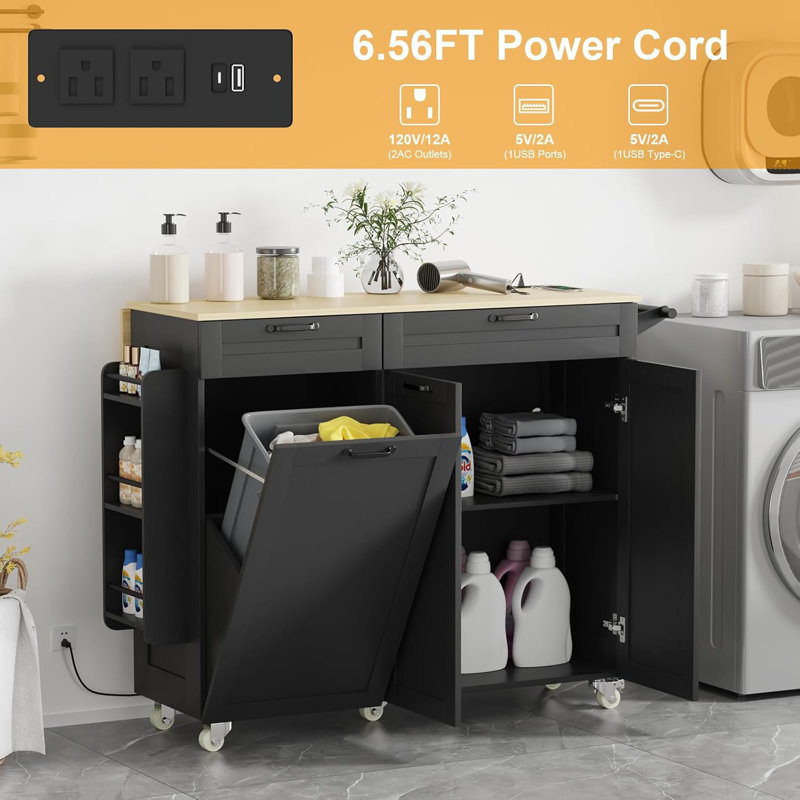 Rolling Kitchen Island With Power Outlet & Drop Leaf, Kitchen Island Cart, Black