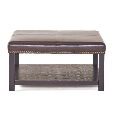 Large Square Ottoman Bench, Faux Leather Coffee Table Ottoman With Rack & Solid Wood Legs, Oversized Ottoman For Living Room
