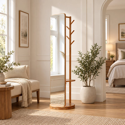 70" Rotating Full-Length Mirror with Clothes Rack, Solid Rubberwood Frame, Hooks and Storage Shelves