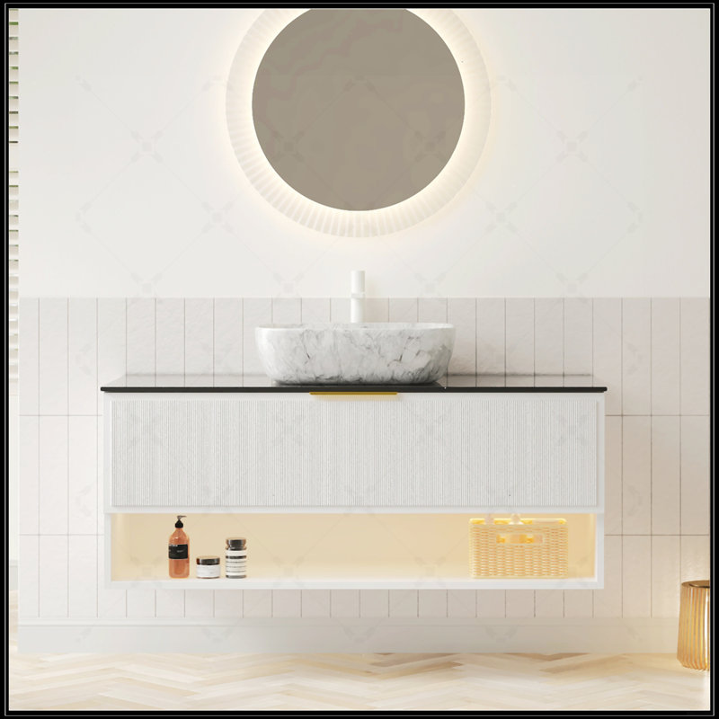 Meuble-lavabo de salle de bain 48 po avec lavabo, rangement flottant en contreplaqué, 2 tiroirs à rayures fines, lampe à capteur DEL et vasque en céramique à motif marbre Malone