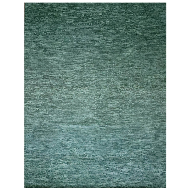Tapis oriental vert en laine naturelle noué à la main 10 pi 4 po x 14 pi 2 po avec motif bouclé