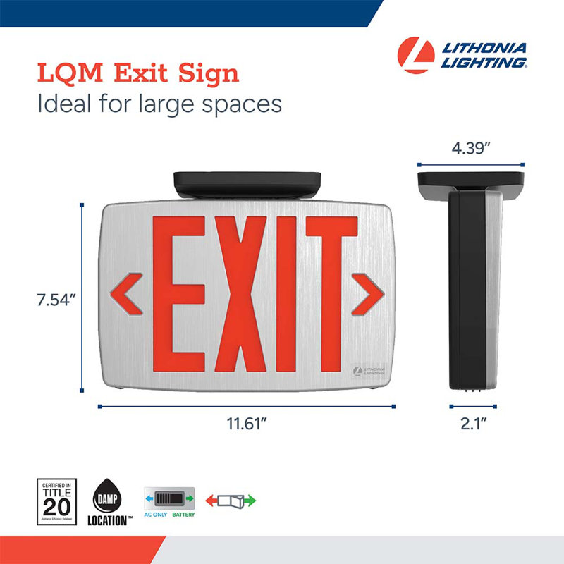 Enseigne de sortie LQM avec lettres rouges et vertes EXIT, interrupteur de secours CA / pile, finition argent brossé
