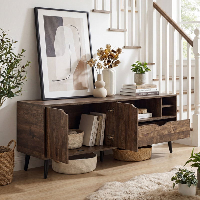 Meuble télé pour téléviseur de 65 po ou moins, centre de divertissement avec armoire de rangement, tiroir brun