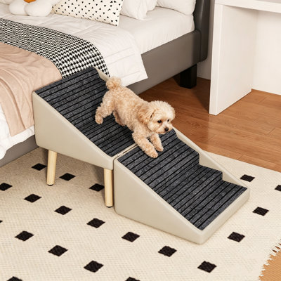 Light Gray 16.14 Inch Upgraded 2 in 1 Foldable Wooden Dog Stairs and Ramp, Split Ottoman Pet Steps for Small Senior Injured Dogs and Cats to Access Beds and Couches