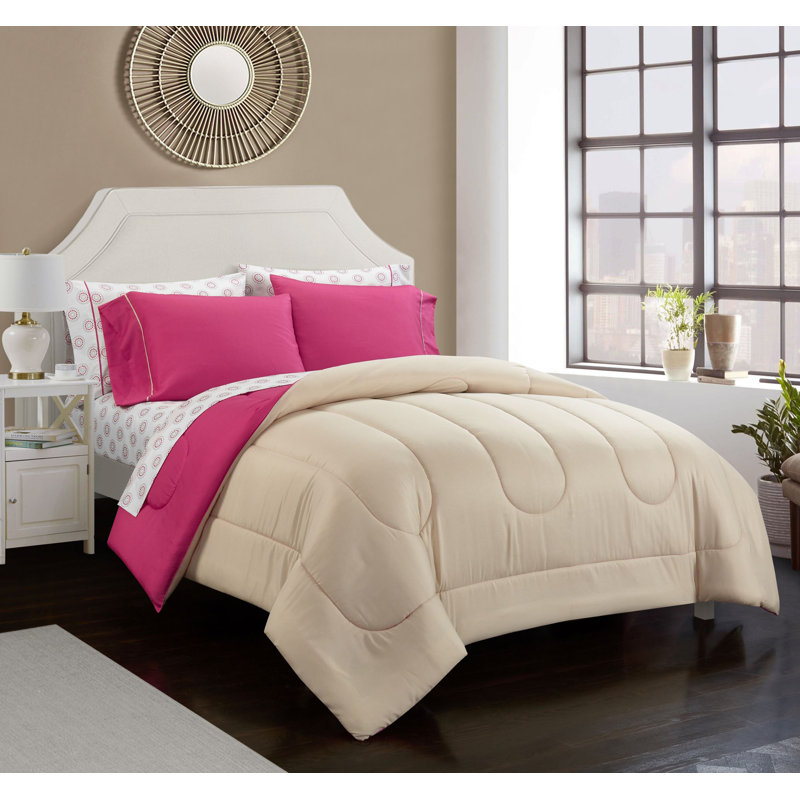 7pc Comforter Sets Polyester Comforter, Full/Double Comforter + 4 Pillow Cases, Fuschia