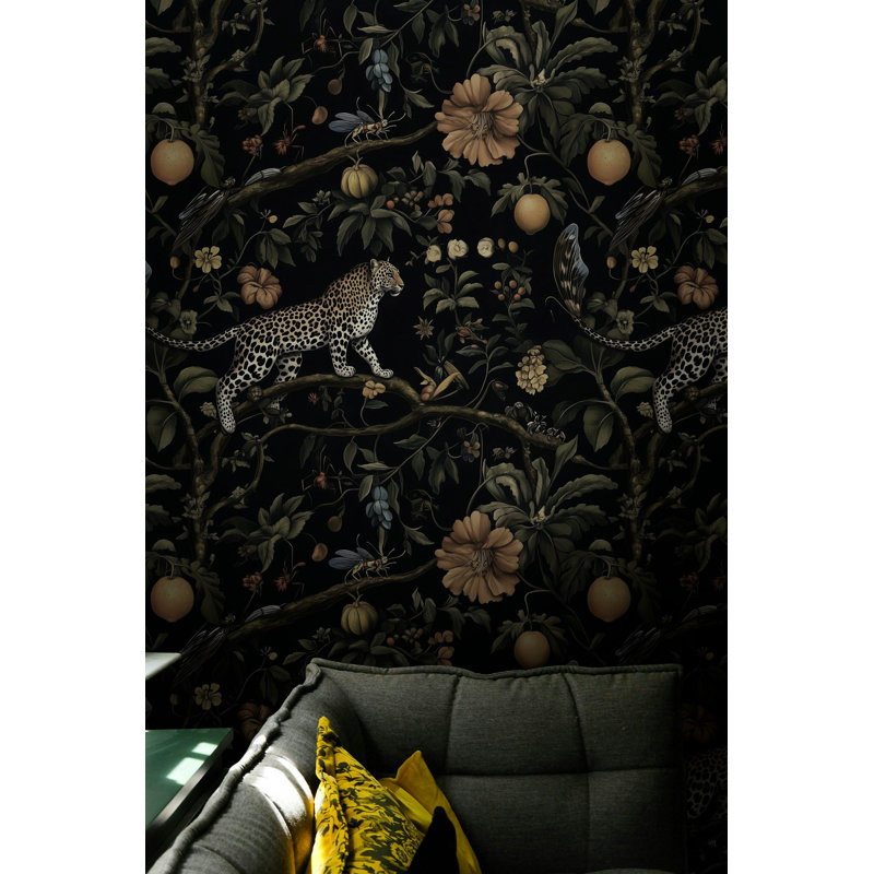 Exotic Leopard and Jungle Fruits Wallpaper Bold Dark Floral Peel and Stick Roll
