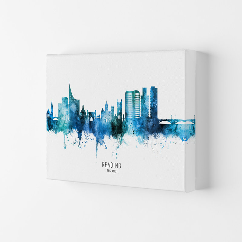 Reading England Skyline Blue City Name by Michael Tompsett - Print, 42cm H x 59.4cm W x 4cm D, Wrapped Canvas