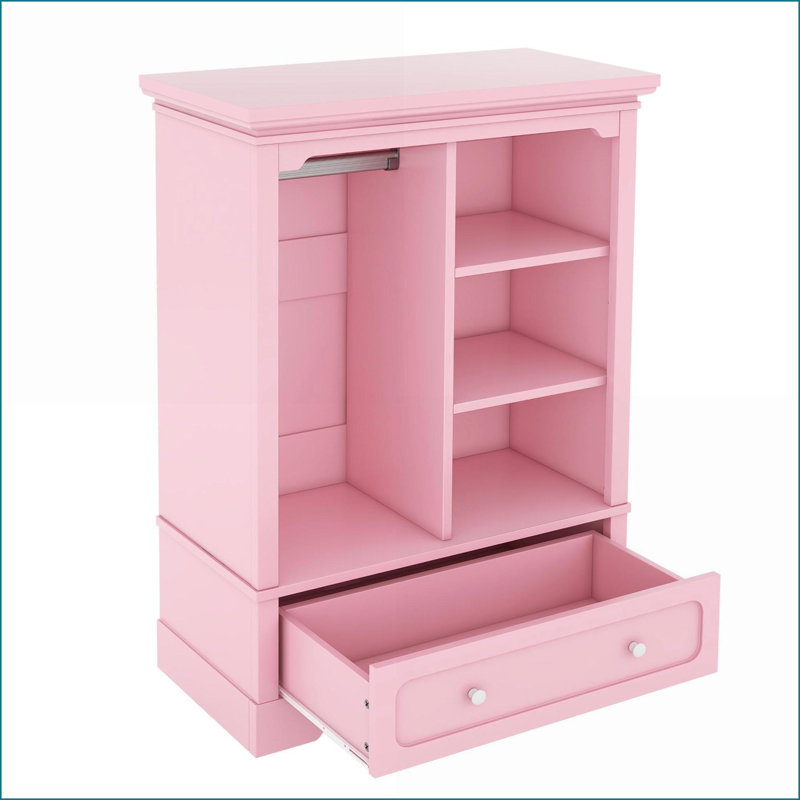 Armoire pour enfants avec tablettes ouvertes, tringle suspendue et amp; Tiroir | Profil bas | Rose | Panneau de particules et panneau de fibres à densité moyenne