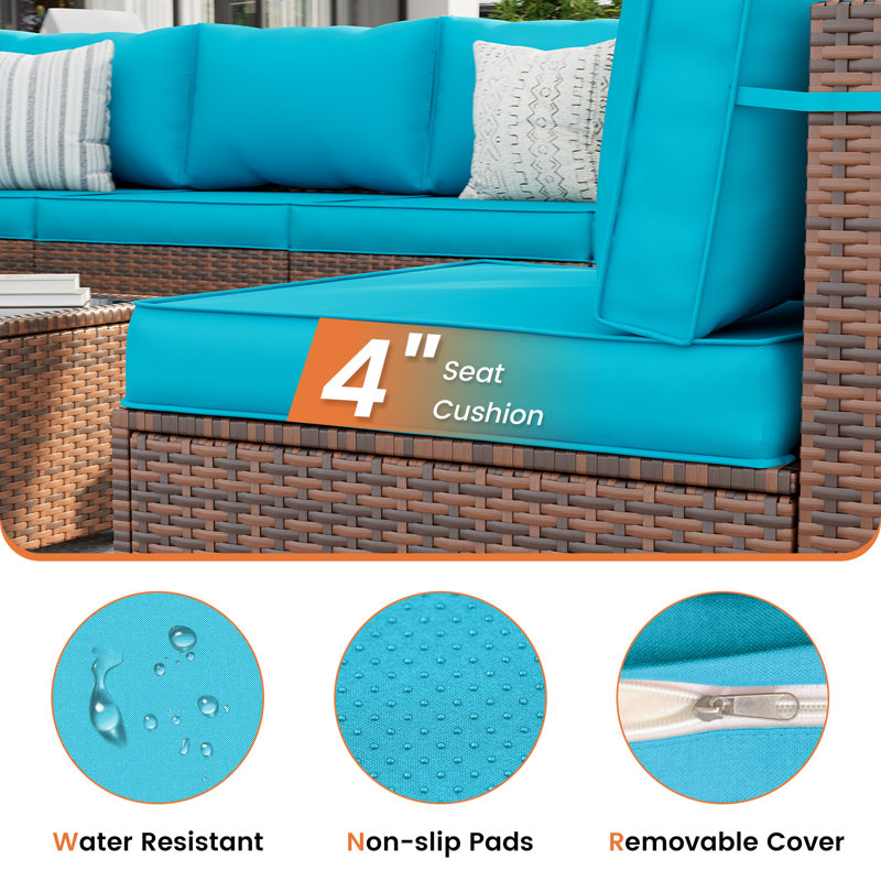 Ensemble de conversation modulaire en rotin avec table basse, Bleu ciel