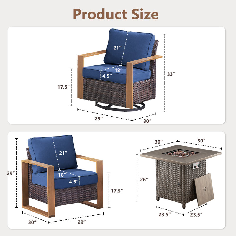 5-Piece Outdoor Frame Armrest Patio Conversation Set With Swivel Chairs And Fire Pit Table, Blue, Brown
