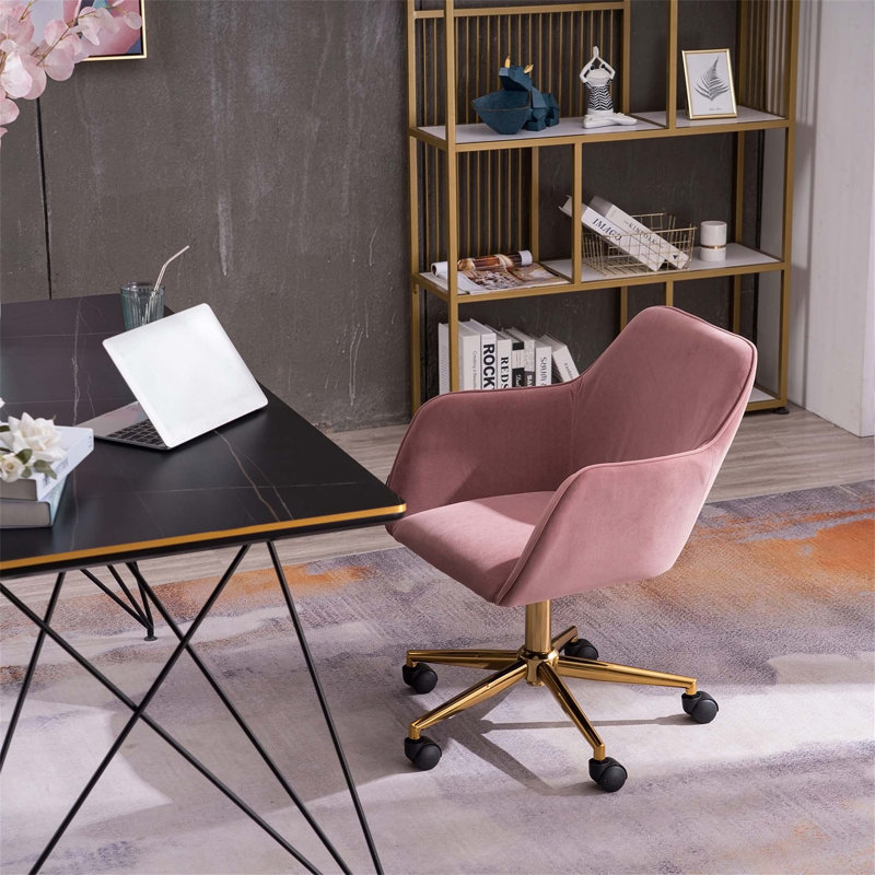 Bollay Fabric Upholstered Swivel Office Chair, Light Blue, Velvet