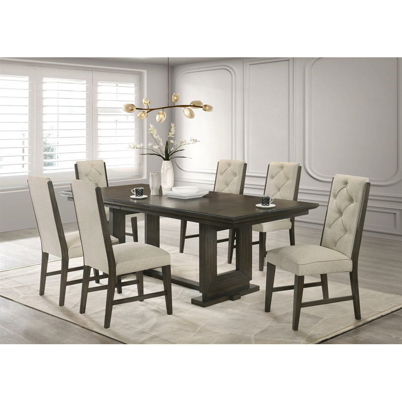 7 pièces Table de salle à manger rectangulaire extensible 18 "à tréteaux / base piédestal beige avec tissu capitonné et capitonné