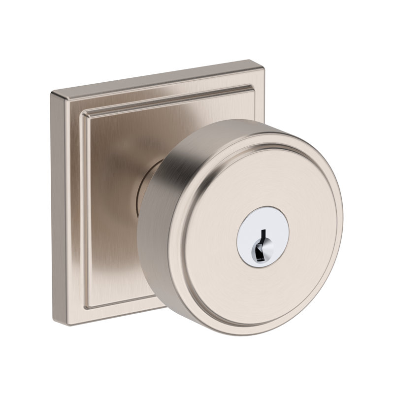Vashon Keyed Entry Knob with Stepped Square Rose in Lifetime (PVD) Satin Brass, Satin Nickel
