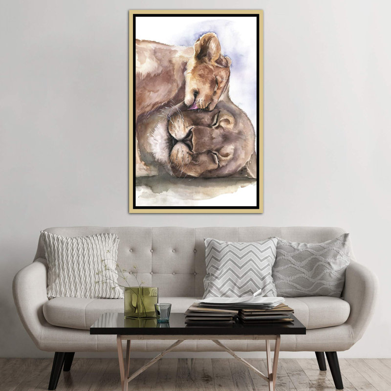 Happy Lions, art encadré, H 60 po x l 40po x P 1,5 po, Toile encadrée dorée
