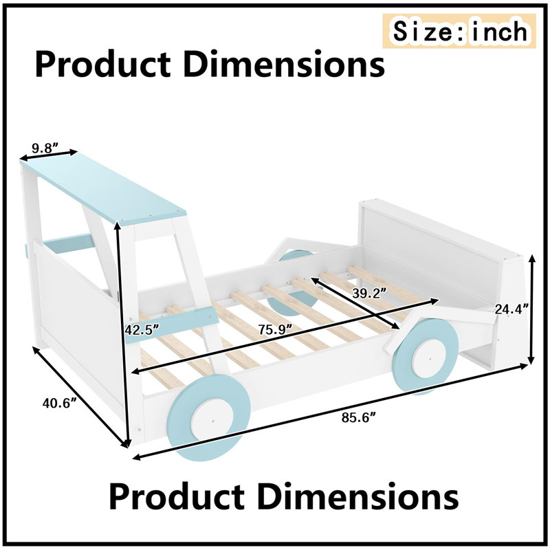 Twin Size Car Bed with Storage Shelves - Fun Racing-Themed Kids Platform Bed in Blue & White, Blue & White