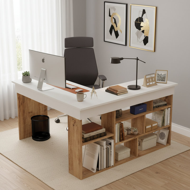 Glennora L-Shaped Executive Desk, Blanc