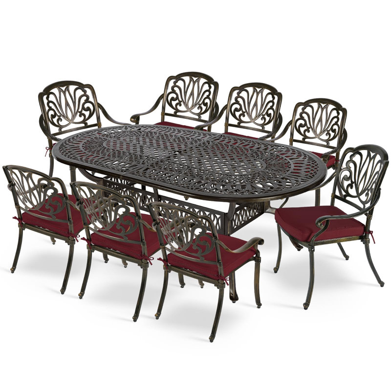 8 - Person Patio Dining Set Umbrella Hole Included Oval Table with Cushions Included, Chili Red