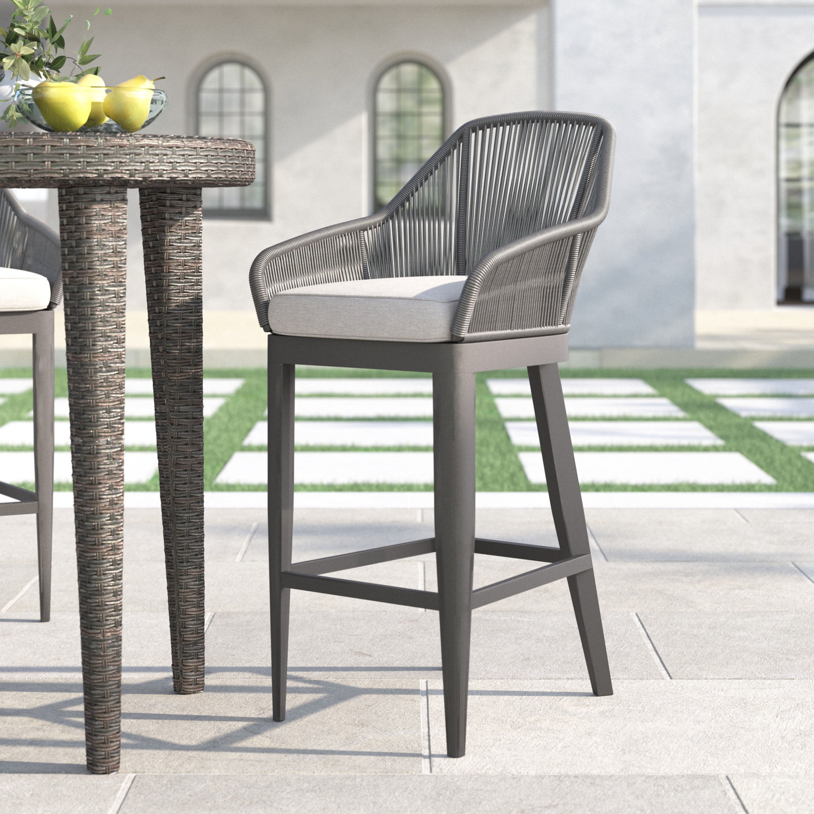 Renfri 44.25'' Olefin Rope Outdoor Bar Stool with Cushion, Echo Ash Sunbrella®, Charcoal Gray