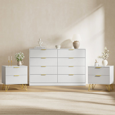 3PCS Dresser And Nightstand Sets For Bedroom, 55" Wide Fluted 8 Drawer Dresser & Nightstand Set Of 2