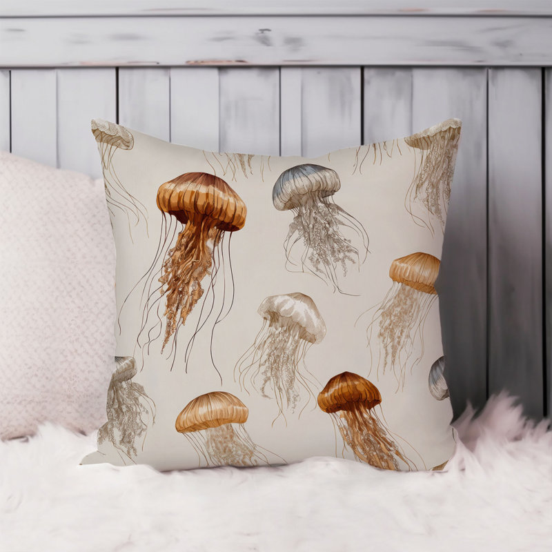 Housse de coussin nautique Beach and Coastal Jellyfish, Carré 18 po, Beige / brun nautique / plage 8