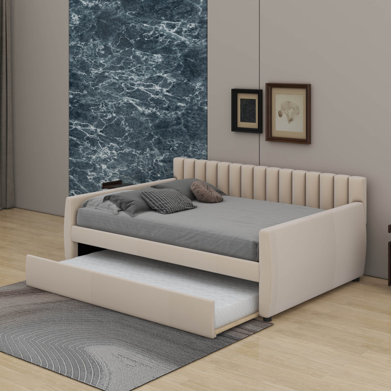Lit de jour double avec lit gigogne, Beige