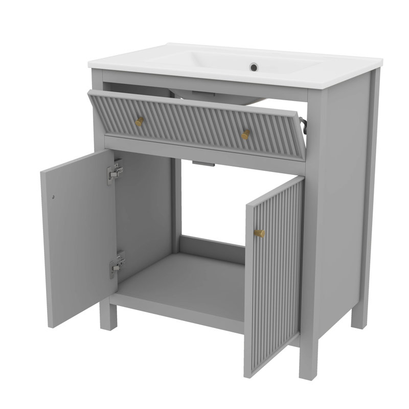 30 Inch Bathroom Vanity With Ceramic Sink Combo, Solid Wood Frame Bathroom Storage Cabinet, Freestanding Vanity Set With Soft Closing Doors