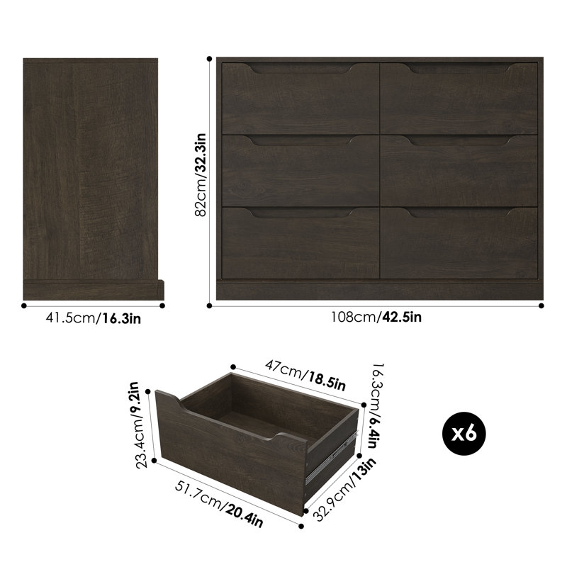 Commode double 6 tiroirs Anjeanette, Brun foncé